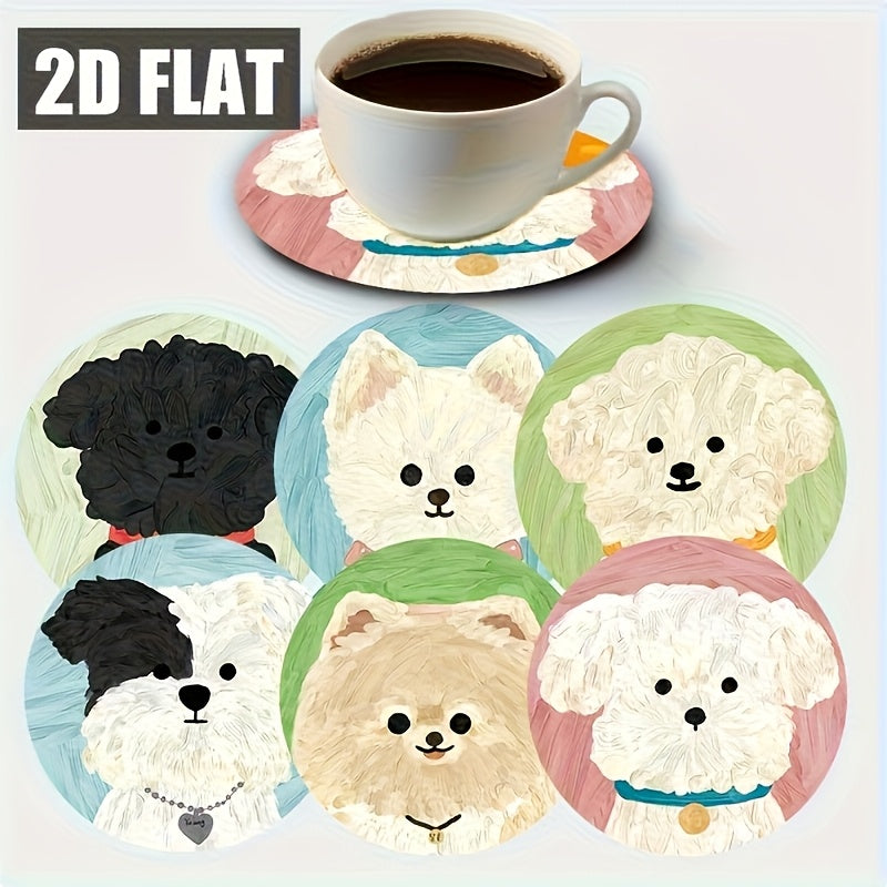 A Set of 6 Adorable Round Wooden Coasters Featuring Cute Puppy Designs, Perfect for Coffee Cups, Water Cups, Office Use, And Party Decorations. This Makes an Ideal Holiday Gift for Pet Lovers, Suitable for Homes, Bars, Corporate Gatherings