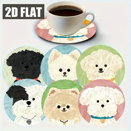 A Set of 6 Adorable Round Wooden Coasters Featuring Cute Puppy Designs, Perfect for Coffee Cups, Water Cups, Office Use, And Party Decorations. This Makes an Ideal Holiday Gift for Pet Lovers, Suitable for Homes, Bars, Corporate Gatherings