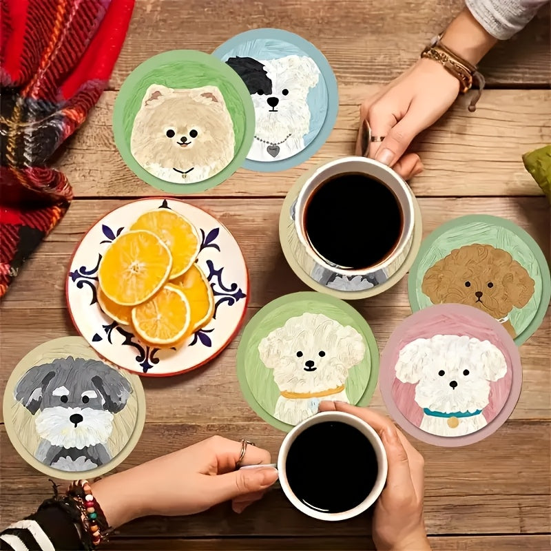 A Set of 6 Adorable Round Wooden Coasters Featuring Cute Puppy Designs, Perfect for Coffee Cups, Water Cups, Office Use, And Party Decorations. This Makes an Ideal Holiday Gift for Pet Lovers, Suitable for Homes, Bars, Corporate Gatherings