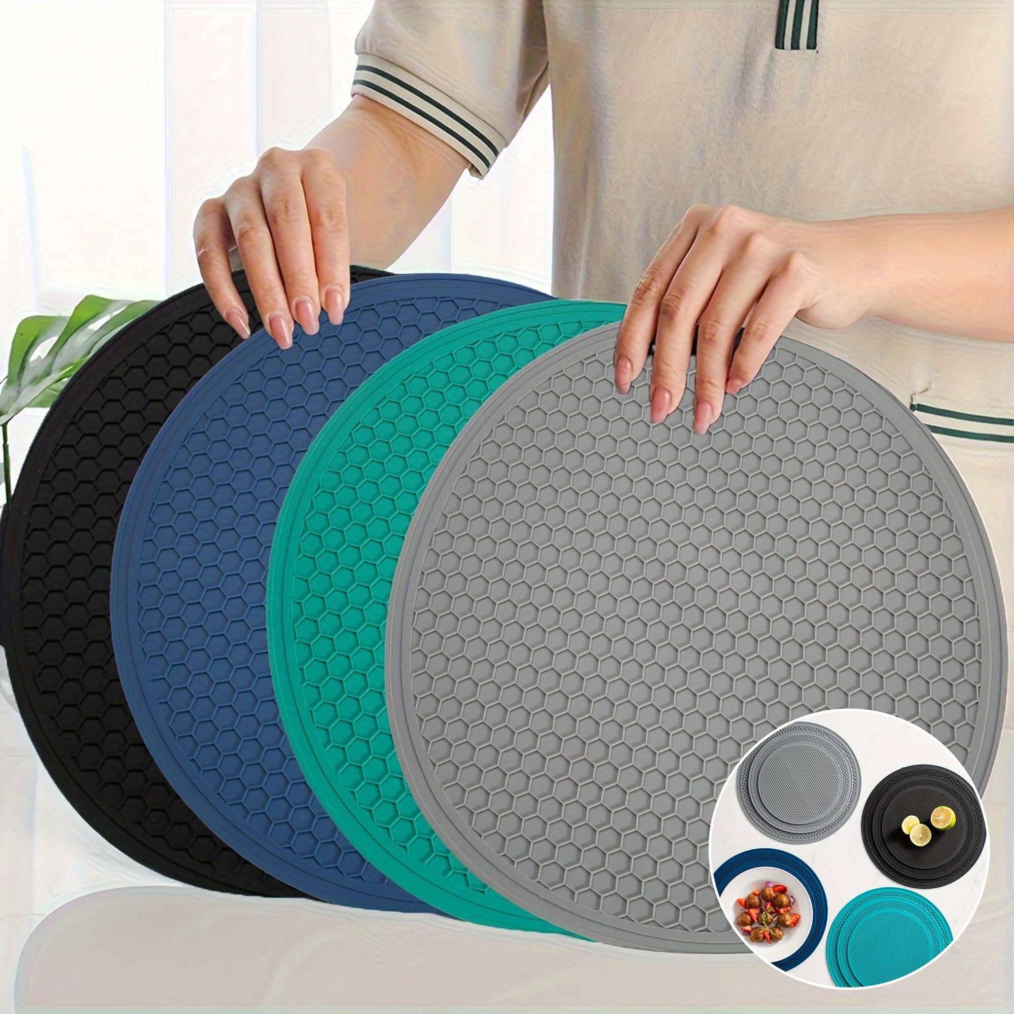[4pcs Silicone Insulation Pads] 4pcs Food Grade Silicone Honeycomb Insulation Pads | Large Size Multifunctional Pot, Bowl & Tableware Drying Pads | Microwave Anti-Scalding Kitchen Accessories in 4 Colors