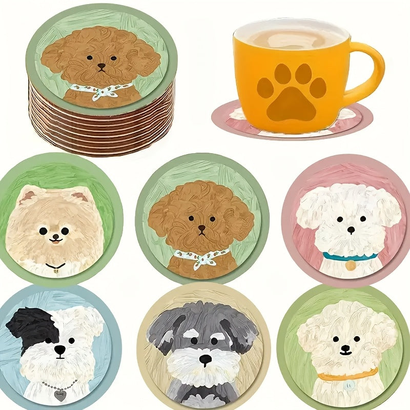 A Set of 6 Adorable Round Wooden Coasters Featuring Cute Puppy Designs, Perfect for Coffee Cups, Water Cups, Office Use, And Party Decorations. This Makes an Ideal Holiday Gift for Pet Lovers, Suitable for Homes, Bars, Corporate Gatherings